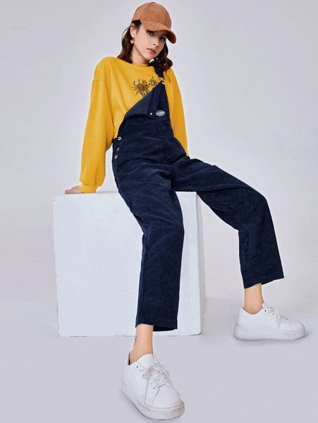 letter patched detail corduroy overall jumpsuit without pullover u25p#, White 
letter patched detail corduroy overall jumpsuit without pullover u25p#, White
