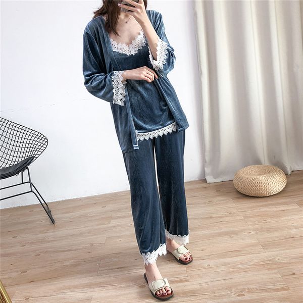 3PCS Pajamas Suit Women Sleepwear Velour Kimono Bathrobe Gown Casual Intimate Lingerie Lace Home Clothes Autumn New Nightwear, Gray
3PCS Pajamas Suit Women Sleepwear Velour Kimono Bathrobe Gown Casual Intimate Lingerie Lace Home Clothes Autumn New Nightwear, Gray