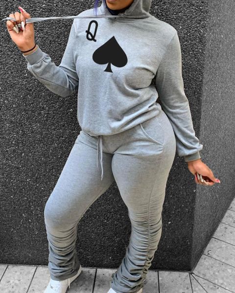 playing card print hooded & pants set, White
