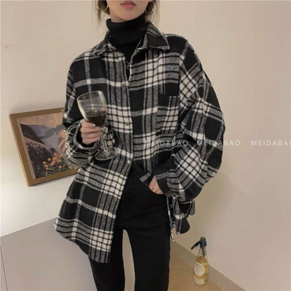 2021 spring new frosted plaid loose thin slouchy lapel long sleeve shirt 33888, White
2021 spring new frosted plaid loose thin slouchy lapel long sleeve shirt 33888, White