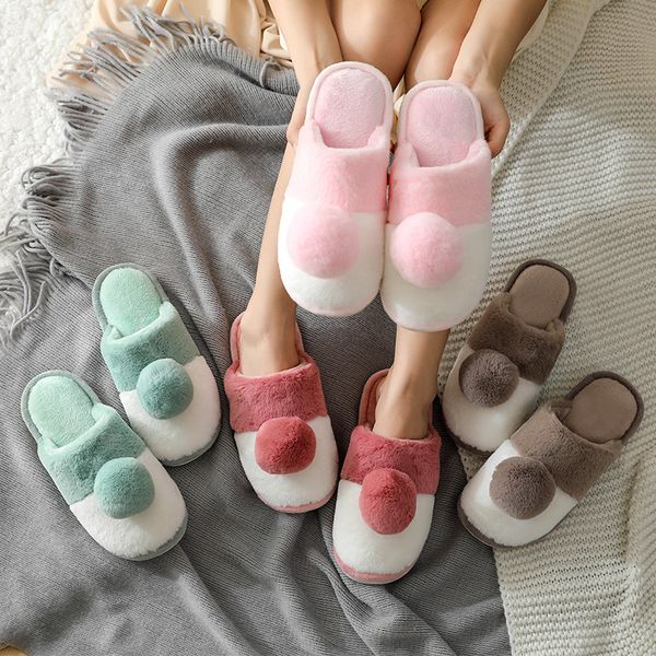 women winter warm home slippers couple ball decration shoes female plush slip on soft indoor flats comfort ladies man plus size y1202, Black