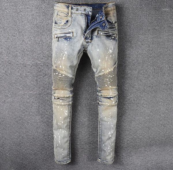 motorcycle biker men's jeans pleated painted vintage blue stretch denim slim fit moto pants for men #9901
motorcycle biker men's jeans pleated painted vintage blue stretch denim slim fit moto pants for men #9901