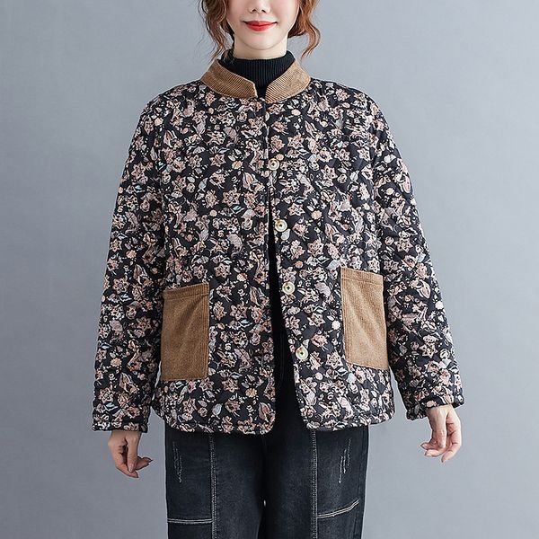 2020 new winter women's clothes coat cotton jacket and pocket flower loose wygl, Black
