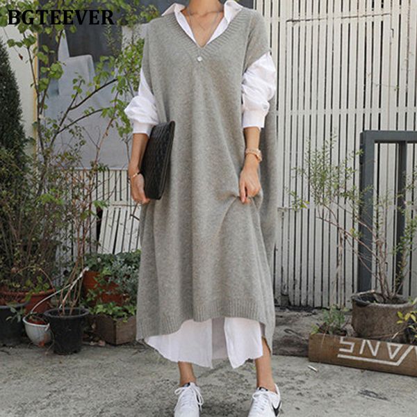 bgteever casual winter oversize straight sleeveless sweater dress women thick knit long dress female knitted vest dress 2020 y0118, Black;gray 
bgteever casual winter oversize straight sleeveless sweater dress women thick knit long dress female knitted vest dress 2020 y0118, Black;gray