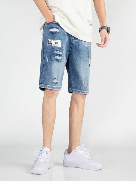 men ripped patched washed denim shorts 59om#, Blue