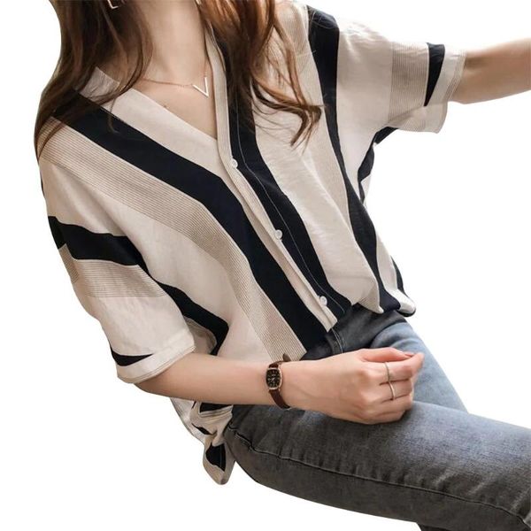 women summer casual striped v neck loose half sleeve polyester blouse elegant work wear chiffon shirts, White
women summer casual striped v neck loose half sleeve polyester blouse elegant work wear chiffon shirts, White