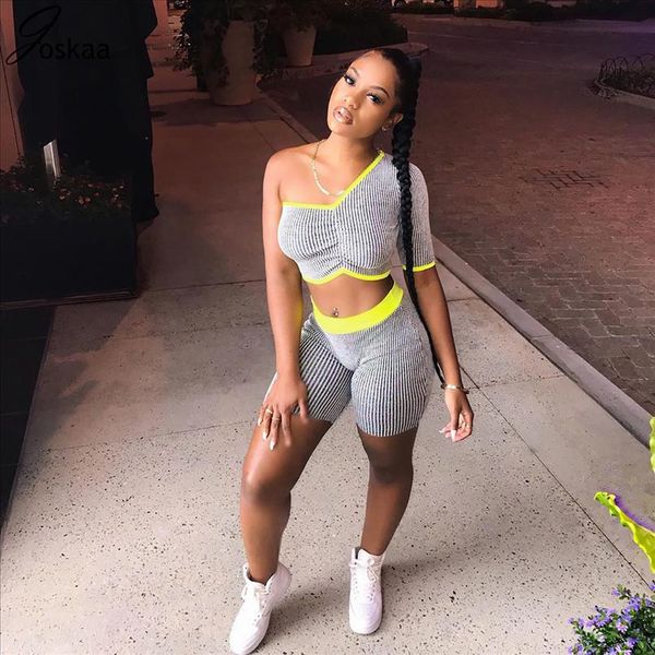 joskaa striped one shoulder short sleeve crop shorts two pieces set draped night club fashion women casual outwear, Gray
joskaa striped one shoulder short sleeve crop shorts two pieces set draped night club fashion women casual outwear, Gray