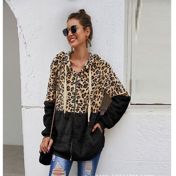 european and american women's leopard print stitching winter new furry hooded warm casual jacket women, Black
european and american women's leopard print stitching winter new furry hooded warm casual jacket women, Black
