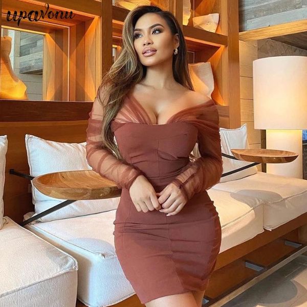 casual dresses 2021 women's brown mini dress strapless long sleeve draped mesh bodycon club evening party vestidos, Black;gray
casual dresses 2021 women's brown mini dress strapless long sleeve draped mesh bodycon club evening party vestidos, Black;gray
