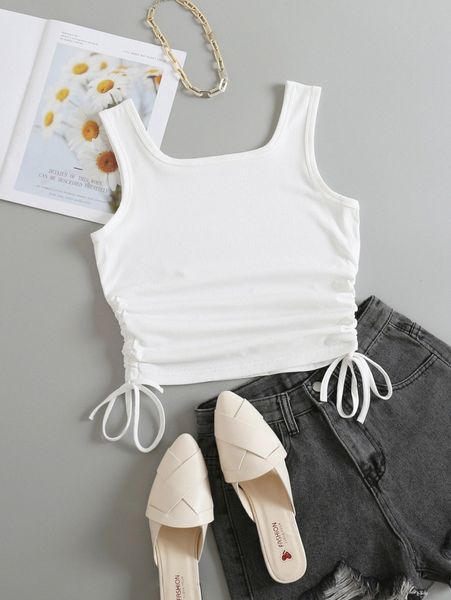 plain drawstring shirred tank z9gw#, White