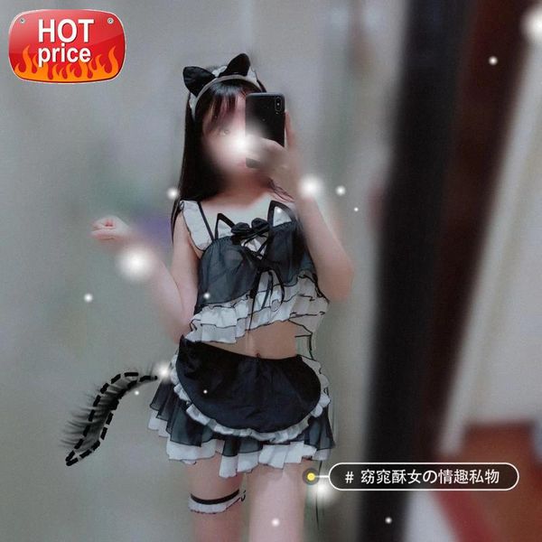 lingerie lovely cosplay cartoon cute lolita cat pierced bra brief set kawaii women underwear cat woman costume halloween #cr5i, Black;white