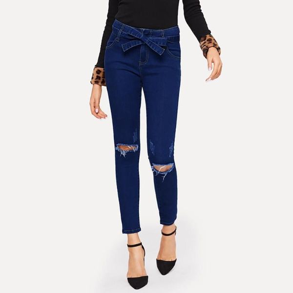 

womens jeans denim 2019 big hole butter knot mid waist stretch slim pants blue denim pants boyfriend jeans1