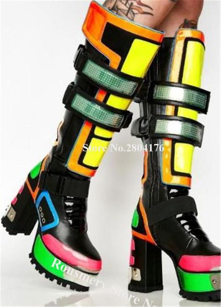 western fahion round toe colorful patchwork high platform chunky heel boots reflective knee high buckles super motorcycle boots, Black
western fahion round toe colorful patchwork high platform chunky heel boots reflective knee high buckles super motorcycle boots, Black
