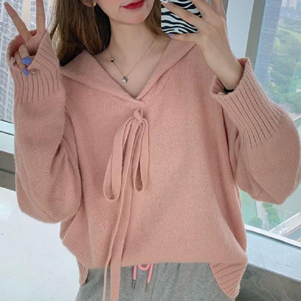 women's sweaters autumn and winter loose solid color sweater lace up bow long sleeve women, White;black
women's sweaters autumn and winter loose solid color sweater lace up bow long sleeve women, White;black