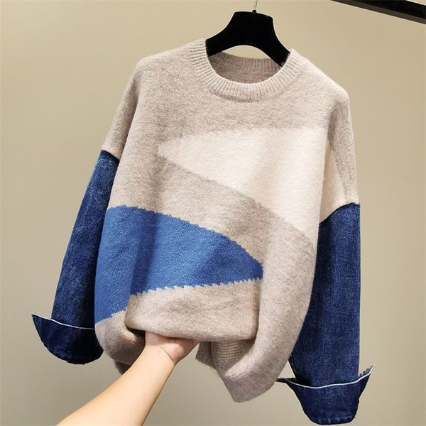 pullover o neck hedging denim stitching contrast sweater women autumn winter all-match long-sleeved sweater loose lazy wind 201223, White;black
pullover o neck hedging denim stitching contrast sweater women autumn winter all-match long-sleeved sweater loose lazy wind 201223, White;black