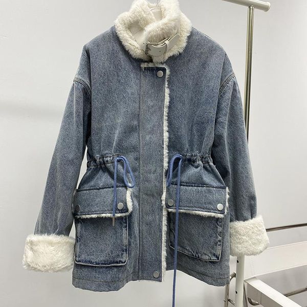 women's jackets vintage 2021 winter plush denim coat loose korean student jacket drawstring patchwork keep warm women fluff d082, Black;brown
women's jackets vintage 2021 winter plush denim coat loose korean student jacket drawstring patchwork keep warm women fluff d082, Black;brown
