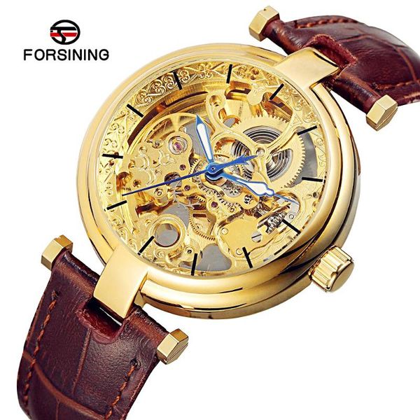 

forsining retro men transparent automatic wristwatch unique design hollow out skeleton leather mechanical clock relojes hombres, Slivery;brown