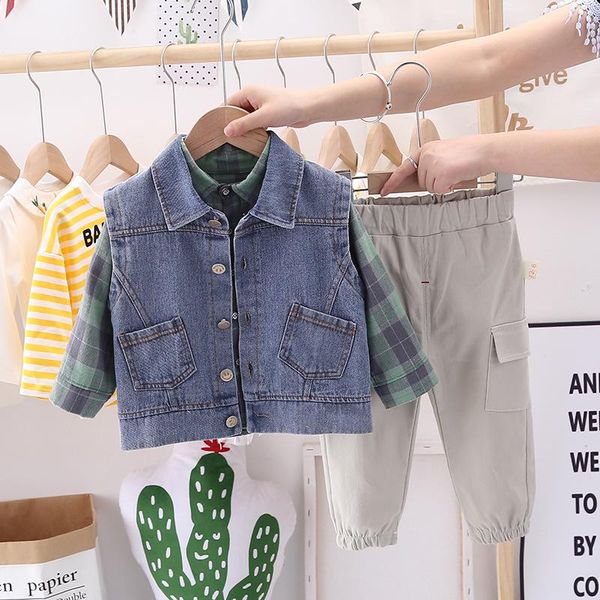 clothing sets 2021 spring boy baby kids clothes denim vest plaid shirt pants toddler infant child casual costume, White
clothing sets 2021 spring boy baby kids clothes denim vest plaid shirt pants toddler infant child casual costume, White