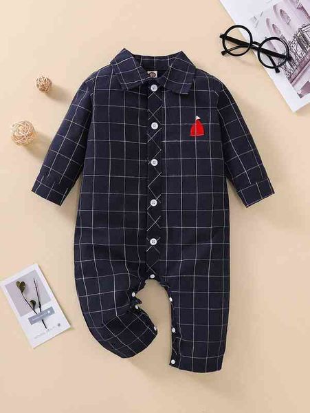 baby grid print boat embroidery jumpsuit she, Blue 
baby grid print boat embroidery jumpsuit she, Blue