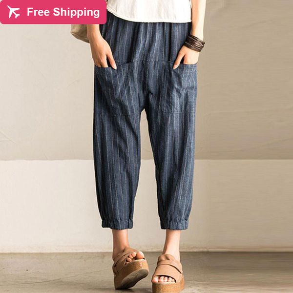 cotton linen with loose waist hare women's capris pants plus size 5xl, Black;white