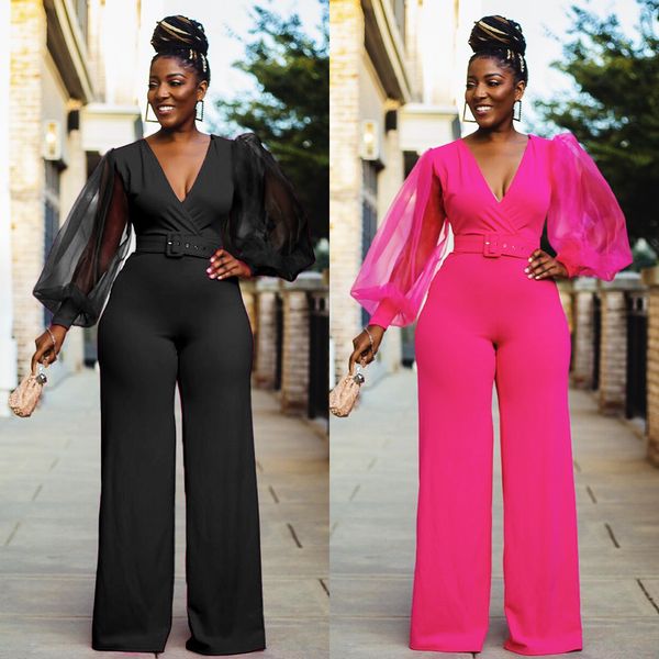 a6609 european and american fashion casual solid color v-neck mesh lantern sleeve with belt jumpsuit 2021, Black;white
a6609 european and american fashion casual solid color v-neck mesh lantern sleeve with belt jumpsuit 2021, Black;white
