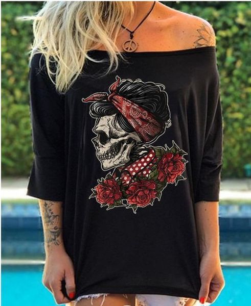 casual punk style skull print rose t shirts summer women loose slash neck off shoulder tees 2020 femme tshirt plus size, White
casual punk style skull print rose t shirts summer women loose slash neck off shoulder tees 2020 femme tshirt plus size, White