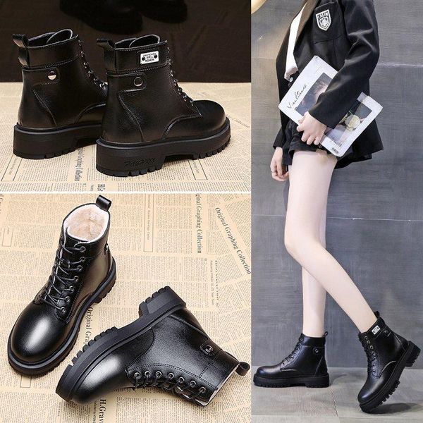 martin boots women british style new winter flat ankle boots women plus velvet fashion leather, Black