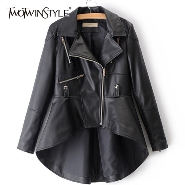 twotwinstyle spring woman solid color long sleeve turn-down collar zippers irregular hem loose pu coat jacket fashion new 201112, Black;brown
twotwinstyle spring woman solid color long sleeve turn-down collar zippers irregular hem loose pu coat jacket fashion new 201112, Black;brown