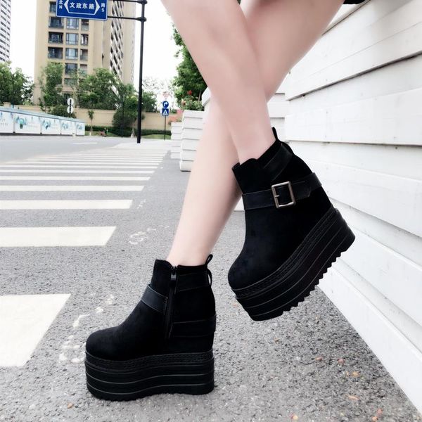 short tube round head platform boots short female thick bottom british wind wedges ankle boot, Black
short tube round head platform boots short female thick bottom british wind wedges ankle boot, Black