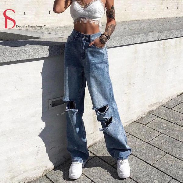 women's jeans double stawberry autumn and winter street style high waist ripped loose high-rise wide-leg pants, Blue
women's jeans double stawberry autumn and winter street style high waist ripped loose high-rise wide-leg pants, Blue