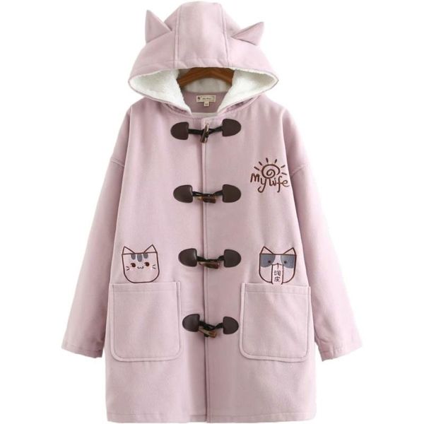warm winter hooded jacket for women cartoon cat embroidery woolen pocket coats horn buckle long coat thick outwear, Black;brown
warm winter hooded jacket for women cartoon cat embroidery woolen pocket coats horn buckle long coat thick outwear, Black;brown