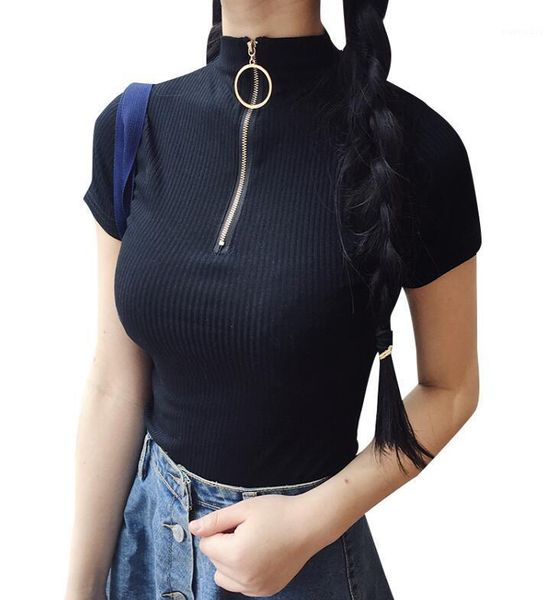 women's t-shirt spring and summer women half high collar ring zipper slim short-sleeved t-shirt1, White
women's t-shirt spring and summer women half high collar ring zipper slim short-sleeved t-shirt1, White