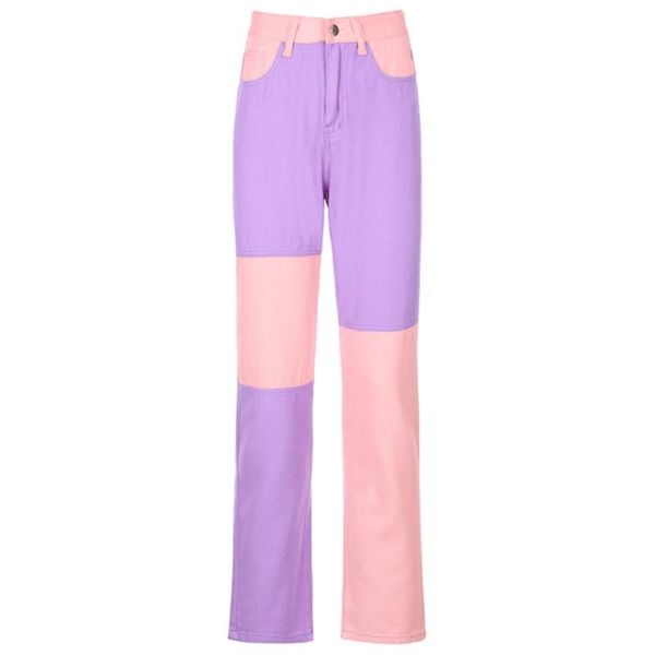 women high waist straight denim pants color block hip hop street loose trousers 28gb, Blue
women high waist straight denim pants color block hip hop street loose trousers 28gb, Blue