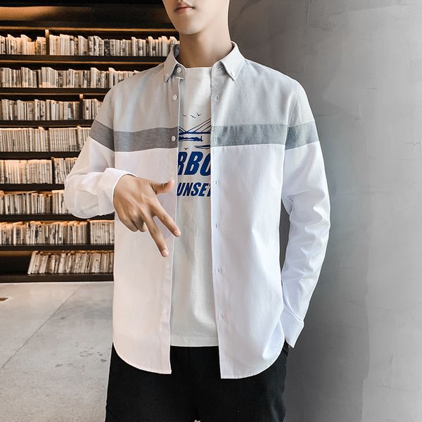 spring and autumn new fashion casual men's long sleeve splicing square collar shirt student, White;black
spring and autumn new fashion casual men's long sleeve splicing square collar shirt student, White;black