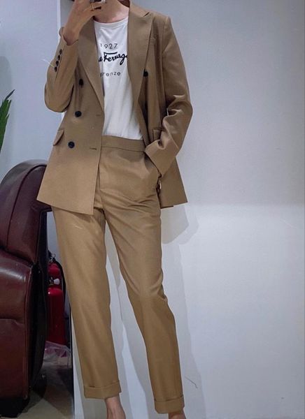women's two piece pants wool silk slim waist professional formal suit trousers brown coat temperament commuter blazer woman, White
women's two piece pants wool silk slim waist professional formal suit trousers brown coat temperament commuter blazer woman, White
