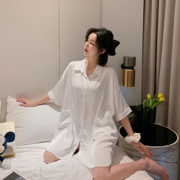 women's sleepwear summer white print flower faux silk sleepshirt nightdress nightgown pocket notched women loose home sleep dress, Black;red
women's sleepwear summer white print flower faux silk sleepshirt nightdress nightgown pocket notched women loose home sleep dress, Black;red