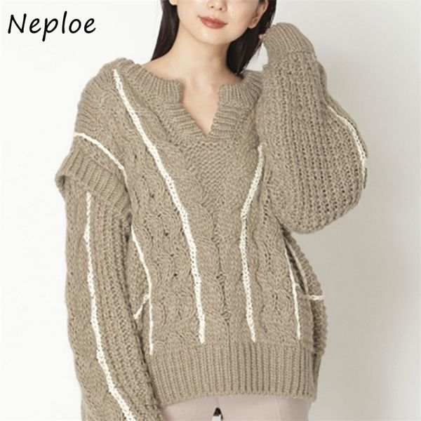 neploe panelled twist patchwork pullovers autumn winter japanese style sweet women sweaters 2020 elegant v-neck knitted lj201114, White;black
neploe panelled twist patchwork pullovers autumn winter japanese style sweet women sweaters 2020 elegant v-neck knitted lj201114, White;black