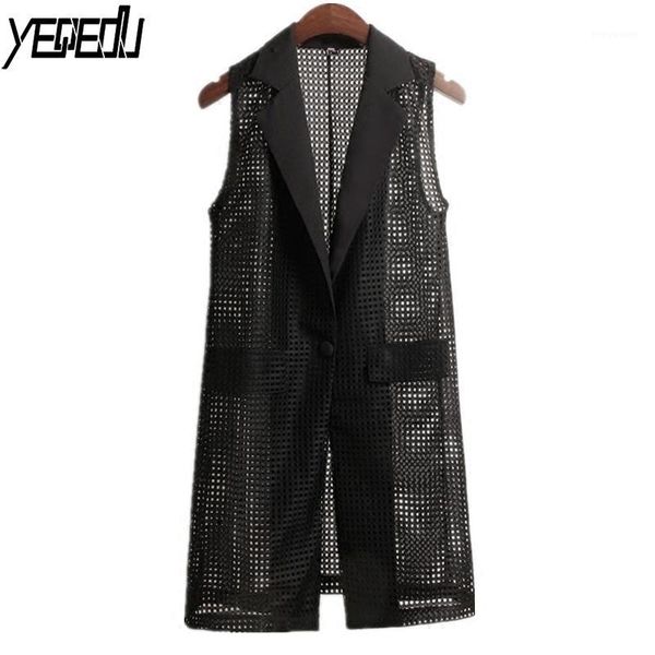 #0718 summer lapel collar mesh see through sleeveless jacket vest women waistcoat loose hollow out long black single buttons1, Black;white
#0718 summer lapel collar mesh see through sleeveless jacket vest women waistcoat loose hollow out long black single buttons1, Black;white
