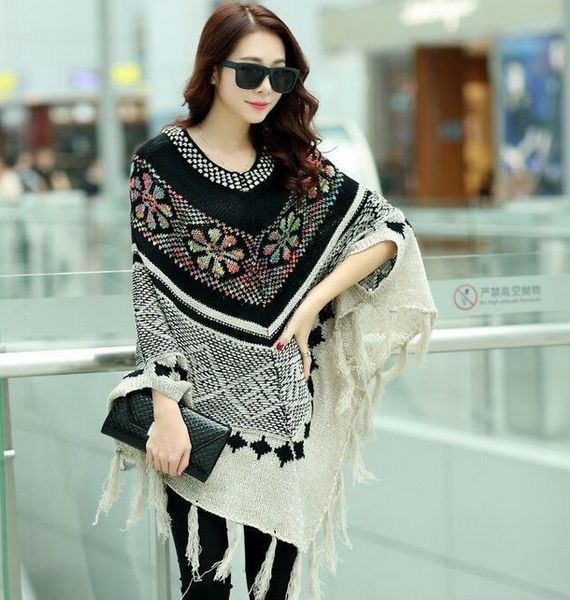 no return loose tassel large pullover sweater women's medium and long cape, White;black
no return loose tassel large pullover sweater women's medium and long cape, White;black