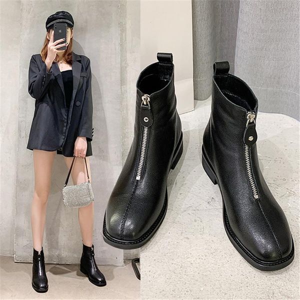 boots genuine leather women's plus velvet warm female shoe winter all-match square toe short boot black front zipper
boots genuine leather women's plus velvet warm female shoe winter all-match square toe short boot black front zipper
