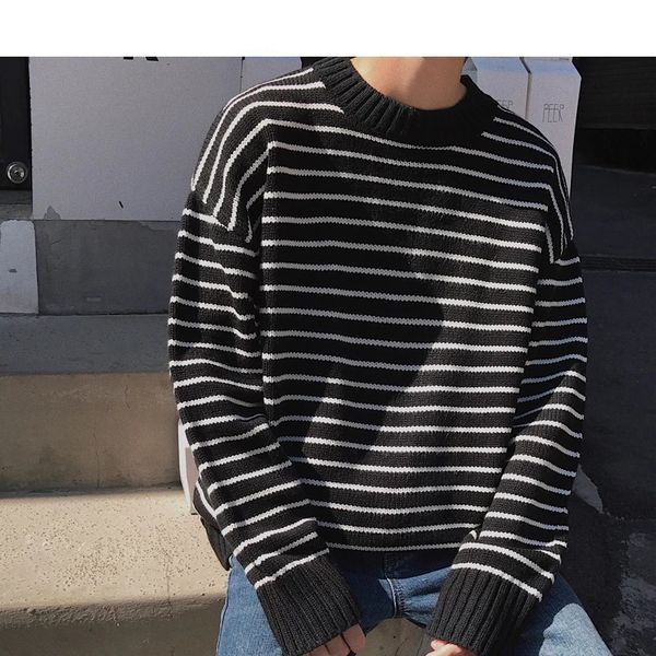 men korean fashions fall striped sweater 2021 mens colorful pullover streetwear sweaters couple black oversized clothes, White;black
men korean fashions fall striped sweater 2021 mens colorful pullover streetwear sweaters couple black oversized clothes, White;black