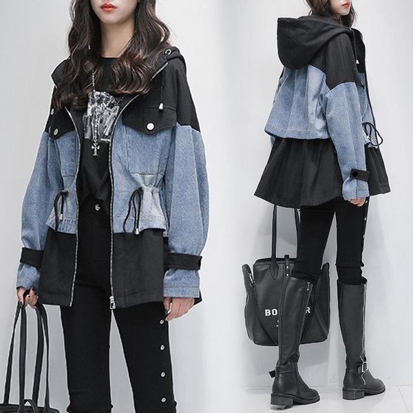 plus size women patchwork denim coats zip-up drawsting trench coat autumn new lady hooded outer wear black blue 201017, Black;brown
plus size women patchwork denim coats zip-up drawsting trench coat autumn new lady hooded outer wear black blue 201017, Black;brown