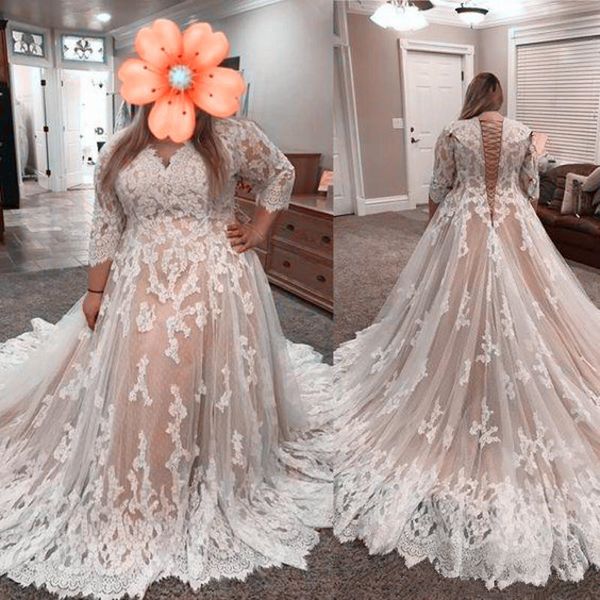 plus size nude lining wedding dresses with long sleeve lace-up back full lace vestidos de noiva bridal gowns elegant dress for women, White
plus size nude lining wedding dresses with long sleeve lace-up back full lace vestidos de noiva bridal gowns elegant dress for women, White