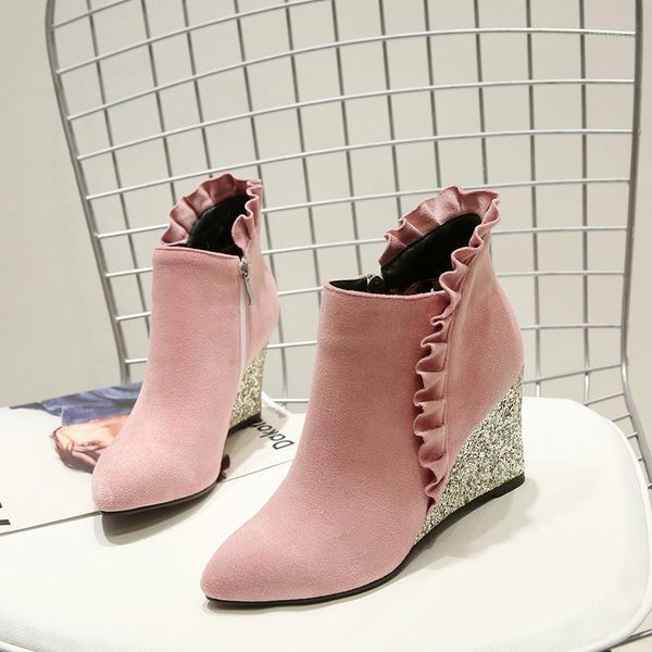 boots autumn winter womens ankle pointed toe wedge heel super high heels shoes ruffles rhinestones nubuck leather sweet u71, Black
boots autumn winter womens ankle pointed toe wedge heel super high heels shoes ruffles rhinestones nubuck leather sweet u71, Black