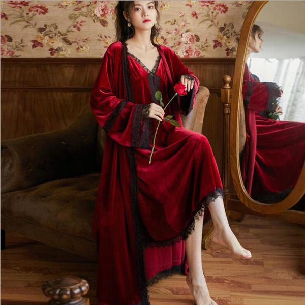 women's sleepwear winter pleuche night robe women spaghetti strap sleepdress full sleeves velvet vintage two-pieces lace nightgown, Black;red
women's sleepwear winter pleuche night robe women spaghetti strap sleepdress full sleeves velvet vintage two-pieces lace nightgown, Black;red