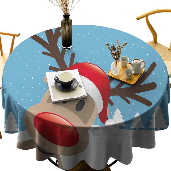 waterproof round table cover reindeer rudolph with red nose and santa claus hat snowy forest 
waterproof round table cover reindeer rudolph with red nose and santa claus hat snowy forest