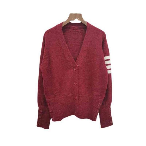 autumn and winter new tb style v-neck cardigan four bars loose wine red mohair sweater, White
autumn and winter new tb style v-neck cardigan four bars loose wine red mohair sweater, White
