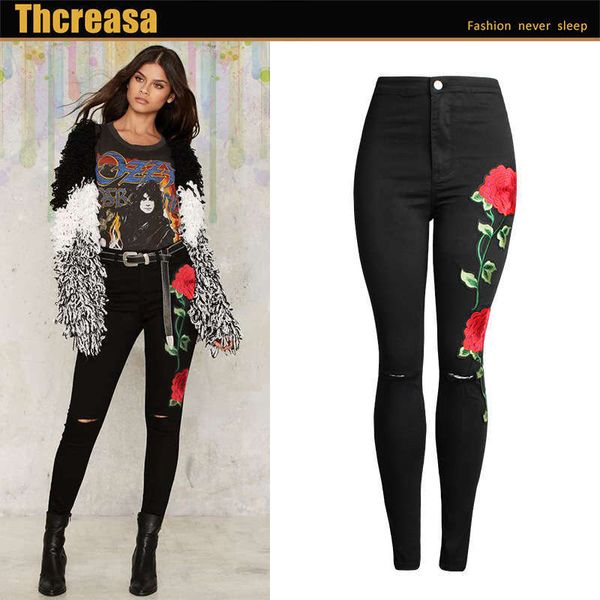 europe station 3d three dimensional embroidery high waist jeans women's trousers black leggings, Blue 
europe station 3d three dimensional embroidery high waist jeans women's trousers black leggings, Blue