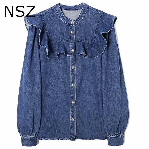 women's blouses & shirts nsz women oversized ruffles denim blouse long sleeve fashion jeans shirt ladies casual top, White
women's blouses & shirts nsz women oversized ruffles denim blouse long sleeve fashion jeans shirt ladies casual top, White