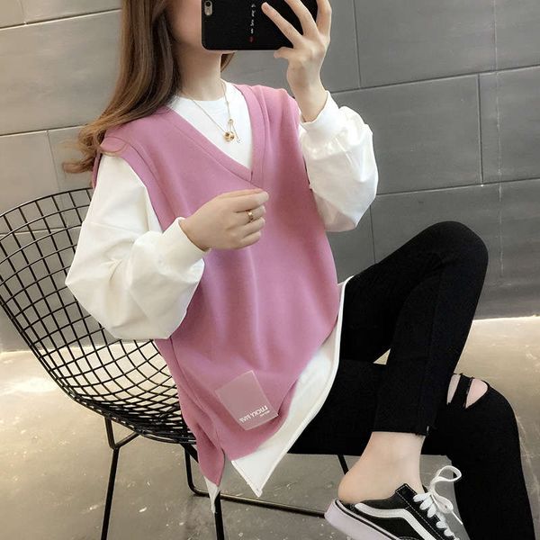 spring and autumn new style fake two piece women's sweater, Black